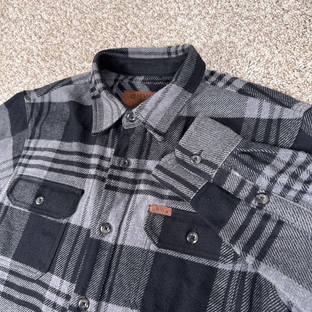 Orvis Flannel Shirt Mens M Gray Black Plaid Button Up Long Sleeve Shacket
